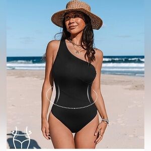 Cupshe | Forest Adventure Solid Mesh One Shoulder Black One Piece Swimsuit Sz M